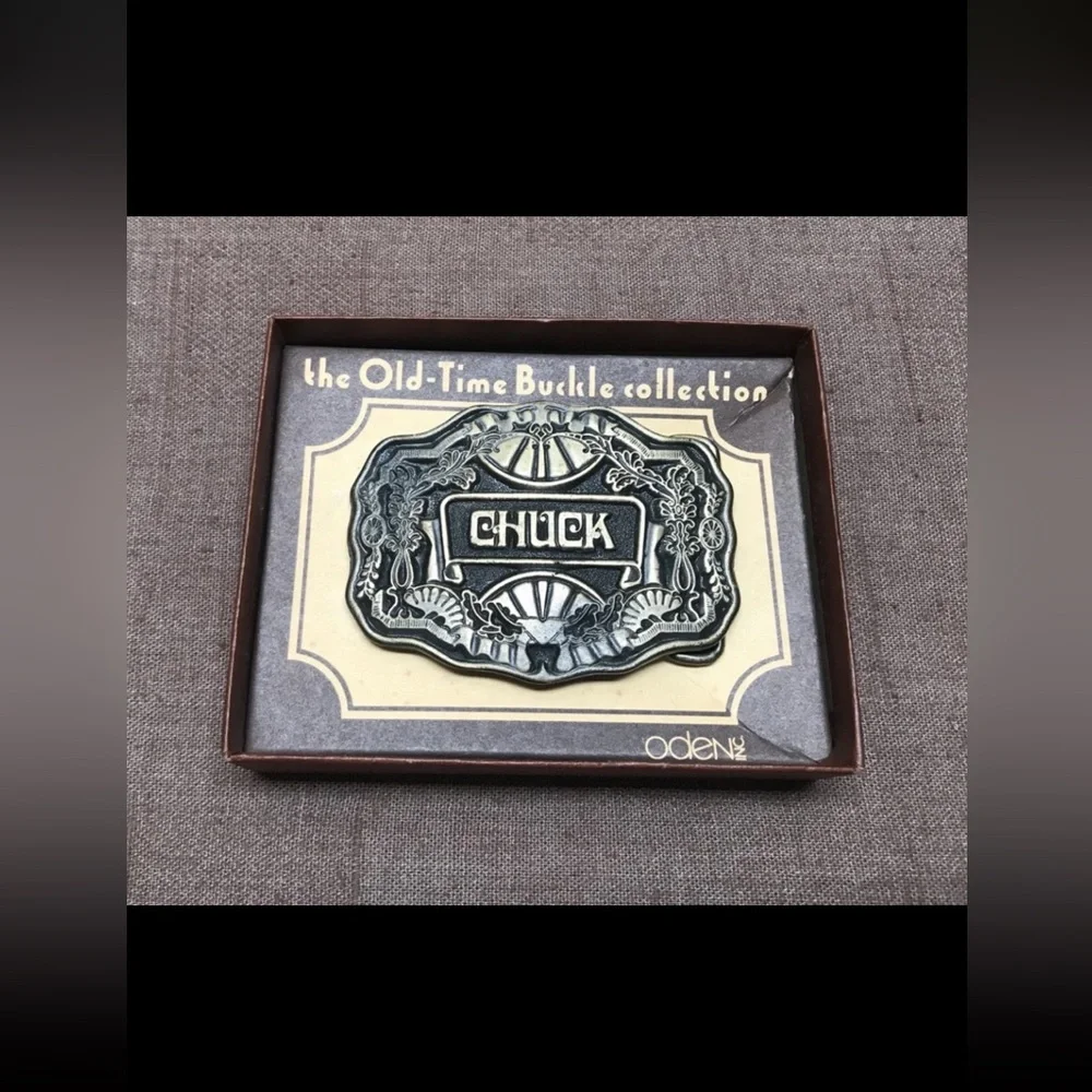 Vintage Oden Inc CHUCK Name Plate Belt Buckle with Original Box